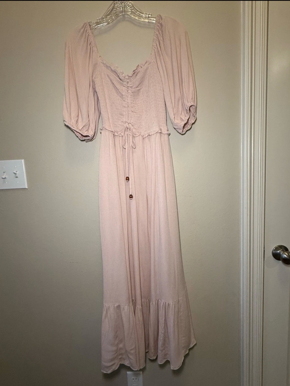 NWT Dress Day Pink Smocked Puff Sleeve Boho Tiered Maxi Maternity Photoshoot Sm - Picture 3 of 11